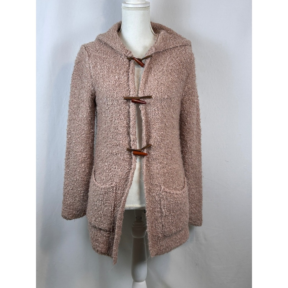 Zara Girls Boucle Knit Hooded Cardigan Juniors S/M Pink Toggle Sweater